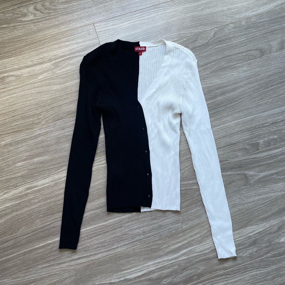 STAUD Women’s Cargo Colorblock Cardigan Sweater Black & White Sz S EUC